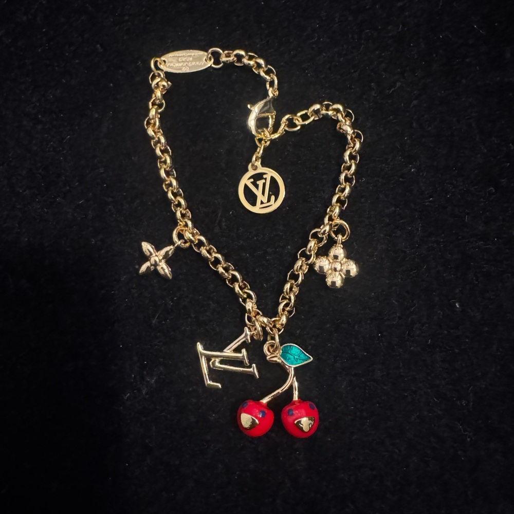 Louis Vuitton Gold Monogram Bracelet with Red Cherry and Green Charms
